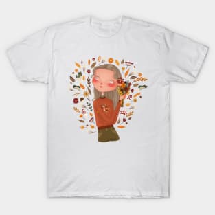 Beautiful fall girl with autumn flowers and orange leaves T-Shirt